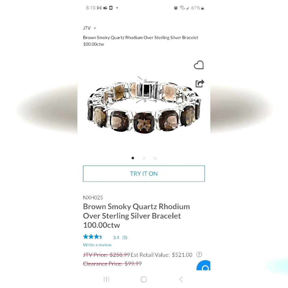 Brown Smokey Quartz Rhodium Over Silver Genuine Gemstone Bracelet, PRISTINE COND
